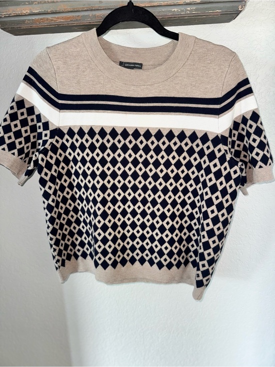 Adrianna Papell Tops - Adrianna Papell Cream & Black Diamond Knit Short Sleeve Geometric Top Medium